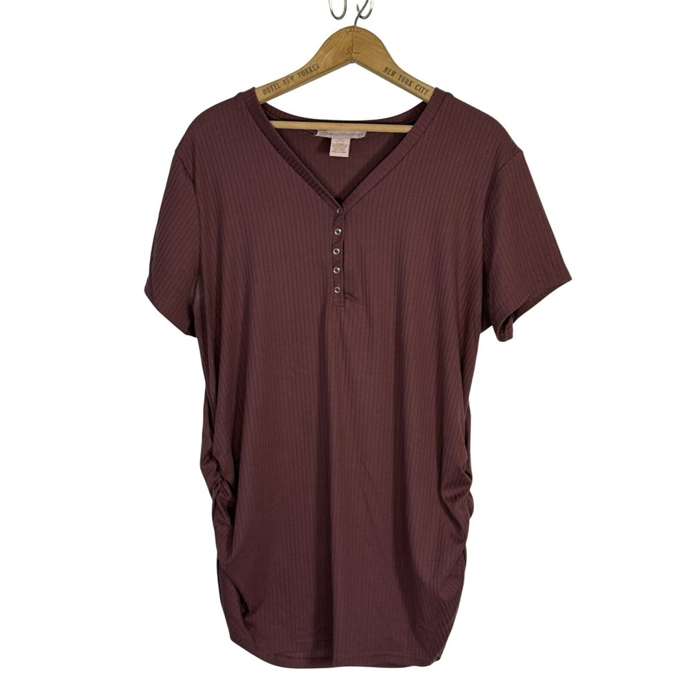 EMMA'S EXPRESSIONS Women's Short Sleeve Henley Ribbed Top maroon Sz 1XL/2XL